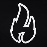 Close-up of white flame graphic on a black t-shirt.