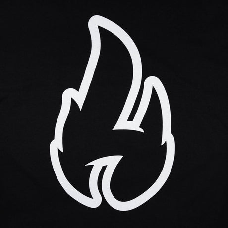 Close-up of white flame graphic on a black t-shirt.
