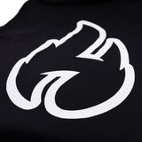 Close-up of large white flame graphic print on a black t-shirt.