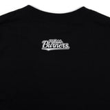 Black t-shirt with small Hillside Burners logo at the upper back near the collar.