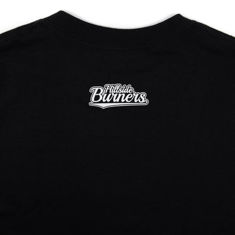 Black t-shirt with small Hillside Burners logo at the upper back near the collar.