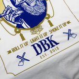 White tall tee lower back print with DBK and EST. 2012 lettering.