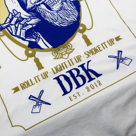 White tall tee lower back print with DBK and EST. 2012 lettering.