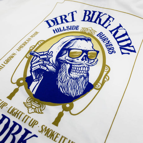 Premium tall tee with large blue skull graphic and gold trim print on front