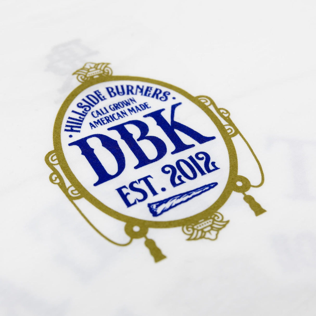 Premium tall tee with circular blue and gold logo graphic print on front