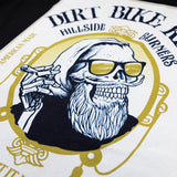 White tall tee back graphic with skull and sunglasses in a gold crest.
