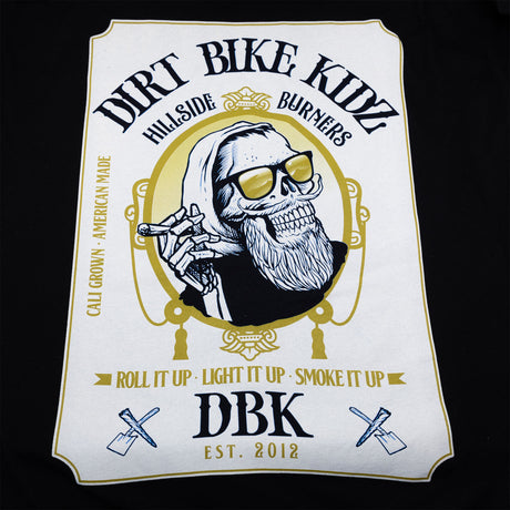 Graphic print on black tall tee: skull with sunglasses in a crest design.