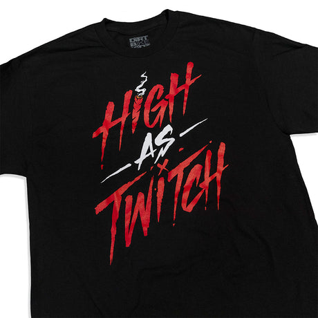 Black graphic T-shirt close-up of chest print with red “High” lettering and white accents
