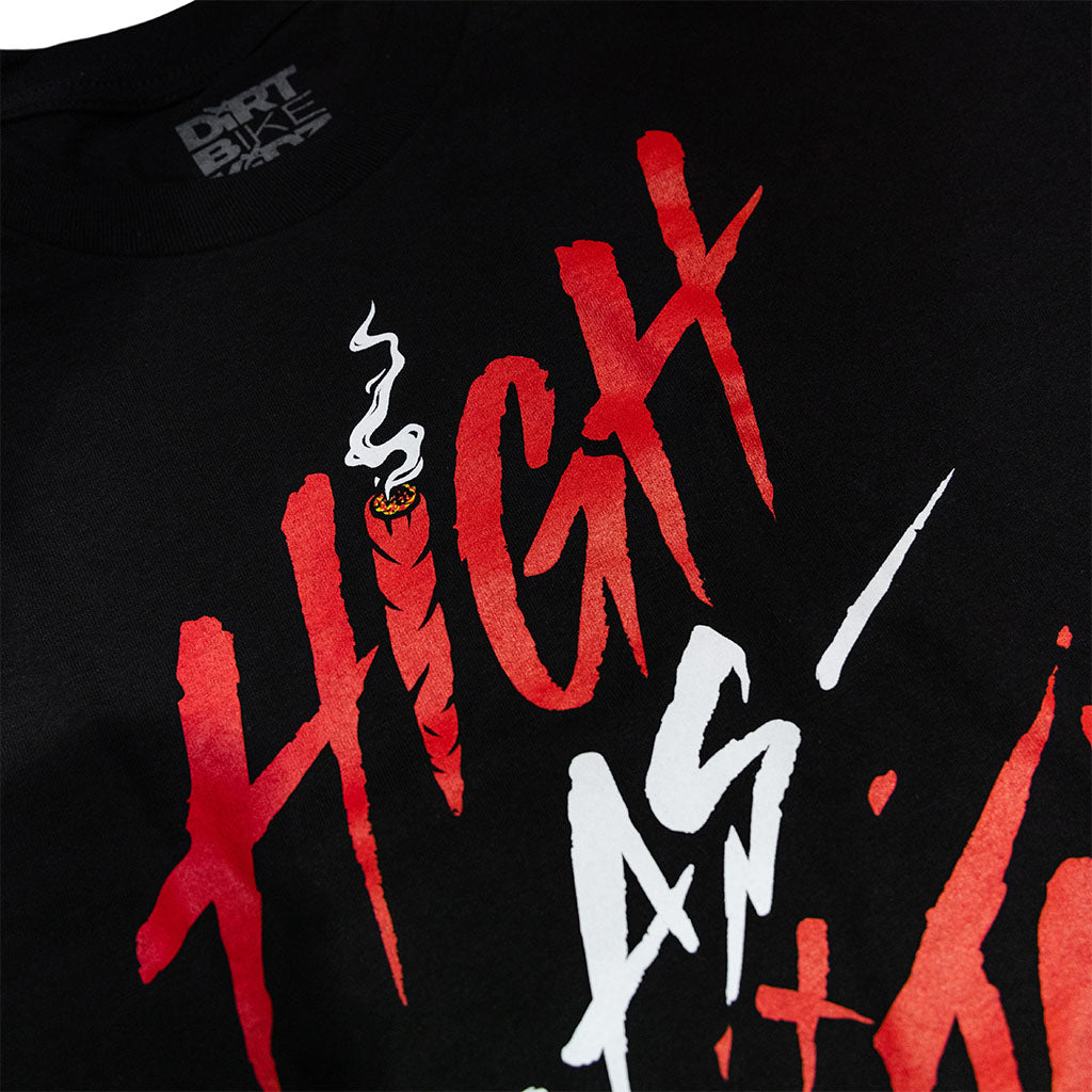 Black graphic T-shirt close-up with red and white “High As Twitch” text and highlights