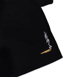 Black T-shirt side seam view with white flame graphic and small brown icon