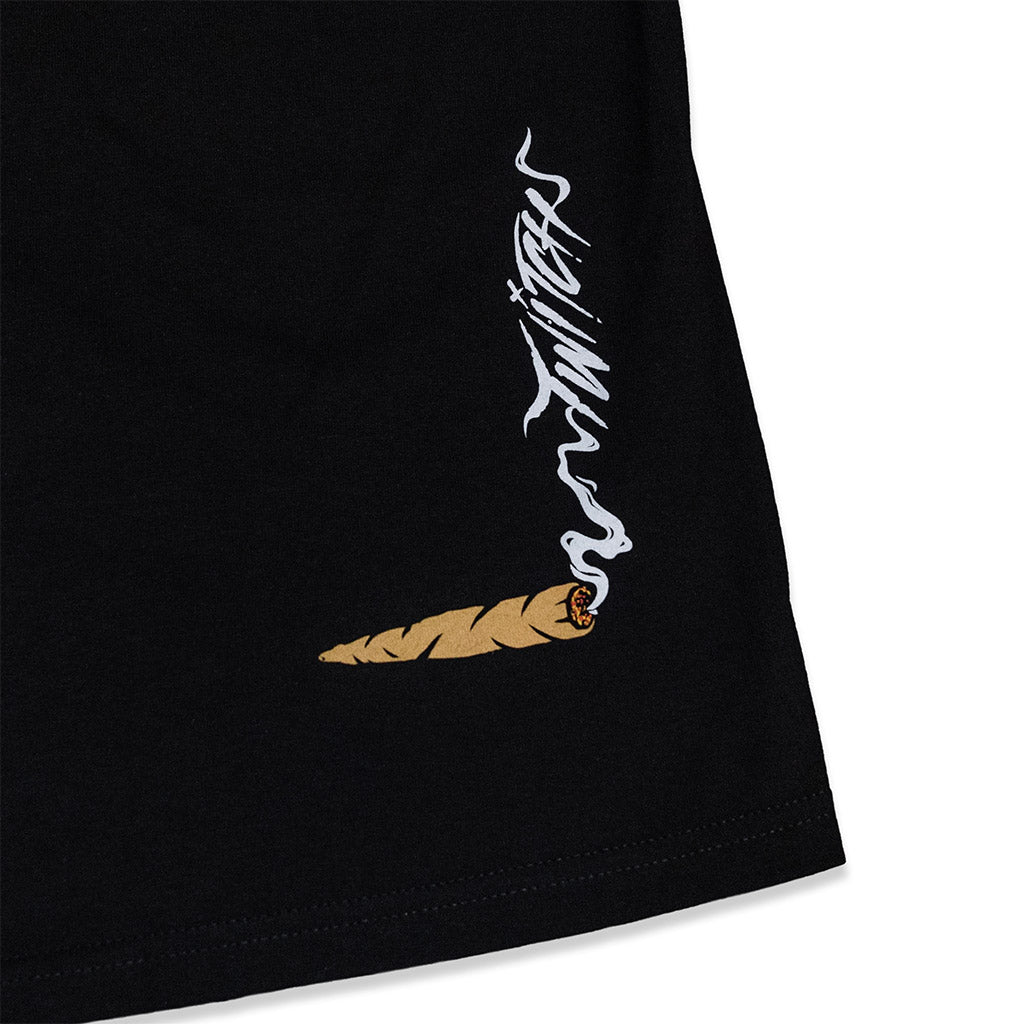 Black T-shirt sleeve with small white graphic and brown cartoon icon