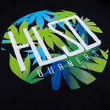 Black T-shirt closeup of HILSD BURNERS lettering over leaf graphics