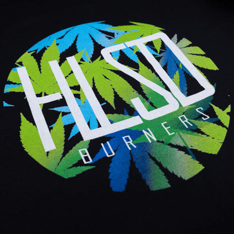 Black T-shirt closeup of HILSD BURNERS lettering over leaf graphics