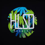Black T-shirt closeup of colorful HILSD BURNERS logo over leaf graphics