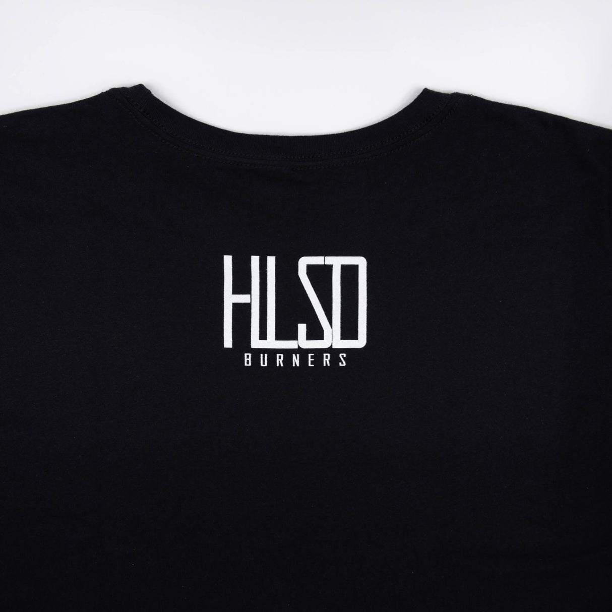 Black T-shirt with white HILSD BURNERS logo centered on the chest