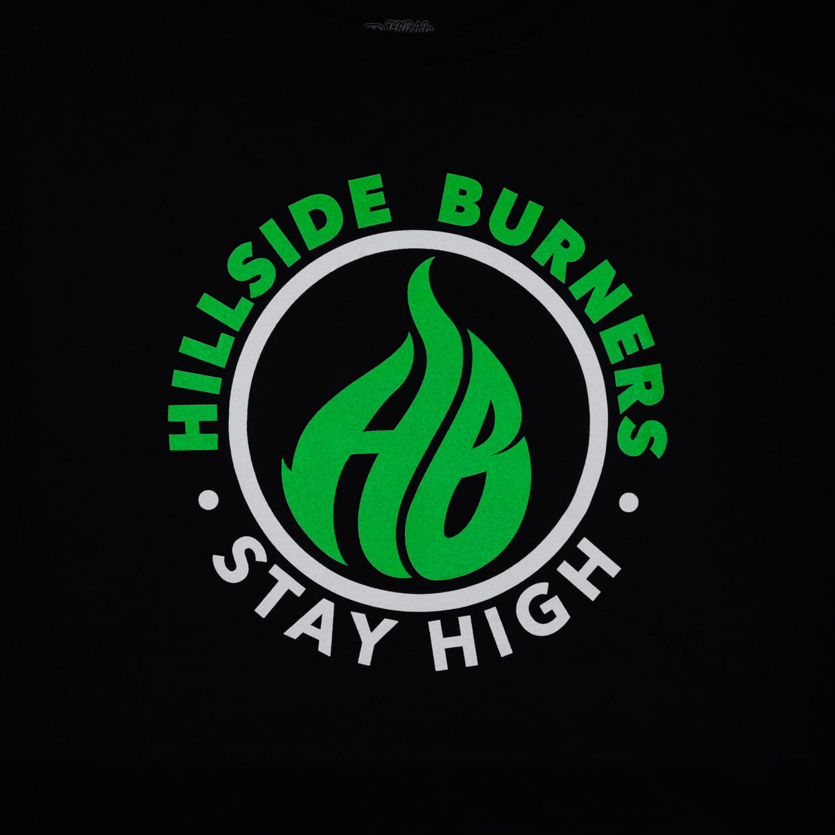 Black Hillside Burners T-shirt close-up of green-and-white circular logo graphic