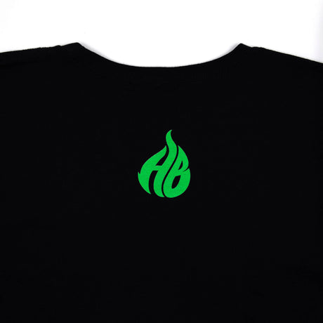 Black Hillside Burners T-shirt with small green flame-style HB emblem on chest