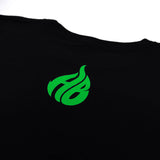 Black Hillside Burners T-shirt close-up of small green flame-style HB emblem