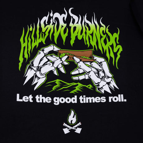 Black short-sleeve T-shirt with green flame band graphic and 'Let the good times roll'