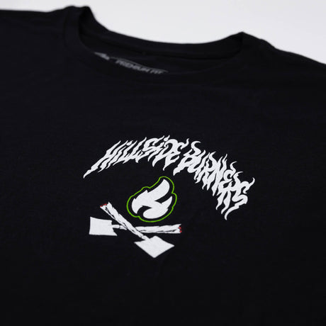 Black long T-shirt close-up of front graphic with white and green flame lettering
