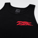 Kids black tank top close-up of red logo on chest near crew neckline