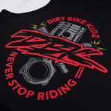 Kids black tank top close-up of large red Dirt Bike Kidz graphic on front