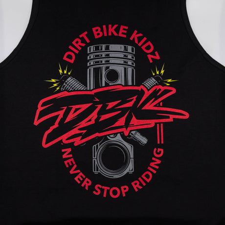 Kids black tank top close-up of Dirt Bike Kidz graphic with red and yellow accents