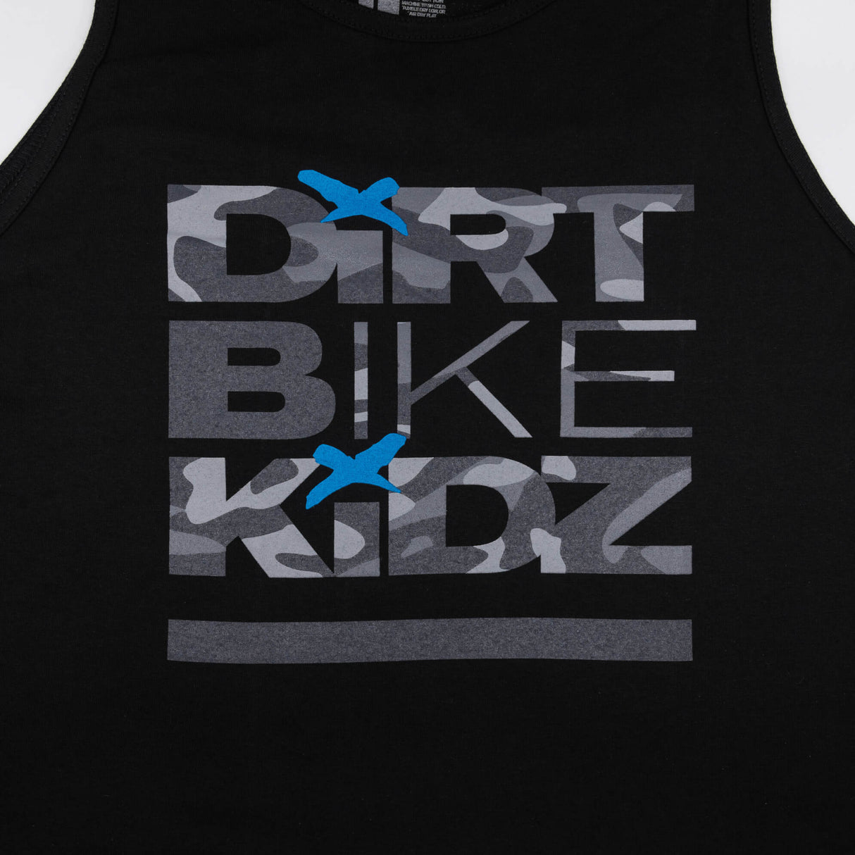 Black kids tank top close-up of Dirt Bike Kidz graphic with gray camo letters and blue stars.