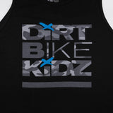 Black kids tank top close-up of Dirt Bike Kidz graphic with gray camo letters and blue stars.