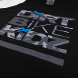 Black kids tank top close-up of Dirt Bike Kidz camo text with blue accent stars.