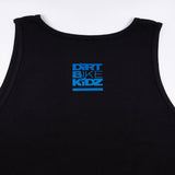 Black kids tank top close-up of small blue Dirt Bike Kidz logo on chest.