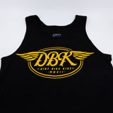 Black tank top close-up of yellow DBK wing emblem and text