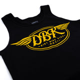Black tank top close-up of yellow DBK wing emblem graphic