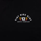 Youth black T-shirt with small Dirt Bike Kidz 12 Moto Company logo at center