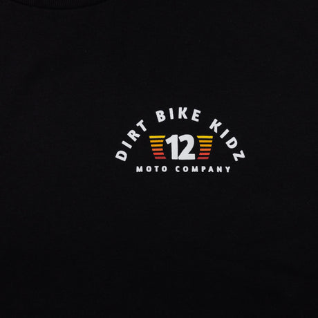 Youth black T-shirt with small Dirt Bike Kidz 12 Moto Company logo at center