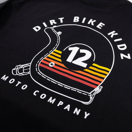 Youth black T-shirt close-up of Dirt Bike Kidz 12 helmet graphic with Moto Company text