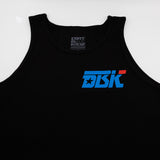 Black tank top front close-up with DBK logo at chest.