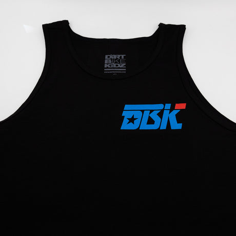 Black tank top front close-up with DBK logo at chest.
