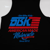 Black tank top close-up with Dirt Bike Kidz and DBK logo.