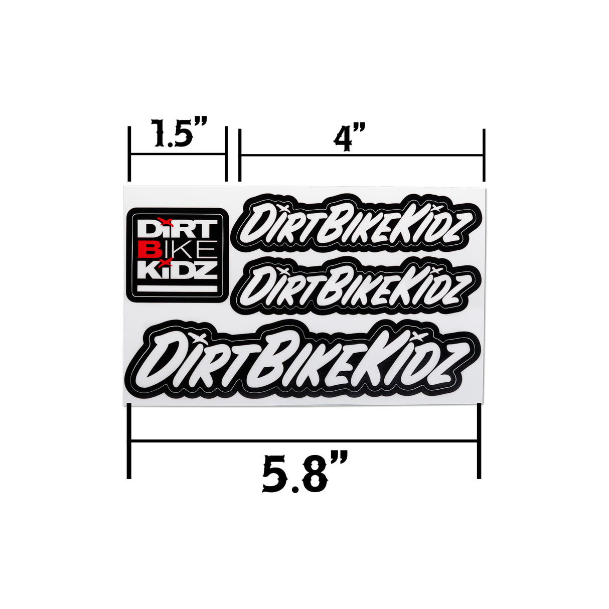 Sticker pack with Dirt Bike Kidz logo decals; size marked 1.5" x 4" x 5.8".