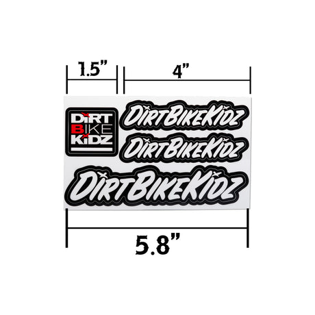 Sticker pack with Dirt Bike Kidz logo decals; size marked 1.5" x 4" x 5.8".