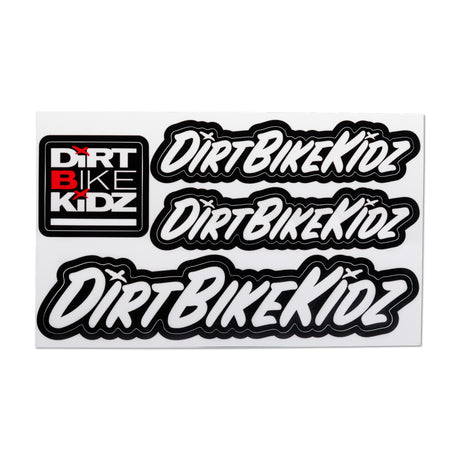 Sticker pack of Dirt Bike Kidz logo decals in black/red script on white backing.