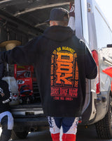 Black Tombstone hoodie back graphic print with large orange logo, hood up