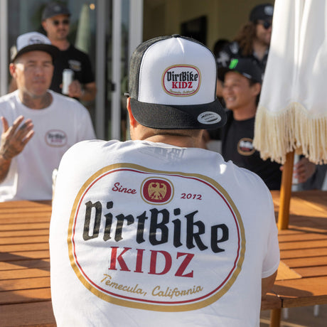 Premium tall tee, white, with DirtBike KIDZ oval back logo graphic