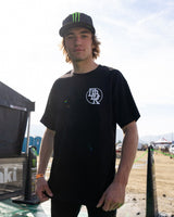 Black Hot Rod graphic T-shirt with chest emblem worn by model