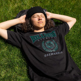 Black varsity tee with green front crest and “California” text