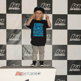 Youth tee worn at event: black shirt with blue “DIRT BIKE KIDZ” front graphic