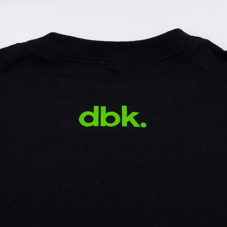 Youth black T-shirt back with green dbk. logo at upper chest