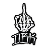 Black graffiti-style middle finger sticker with bold outline and text