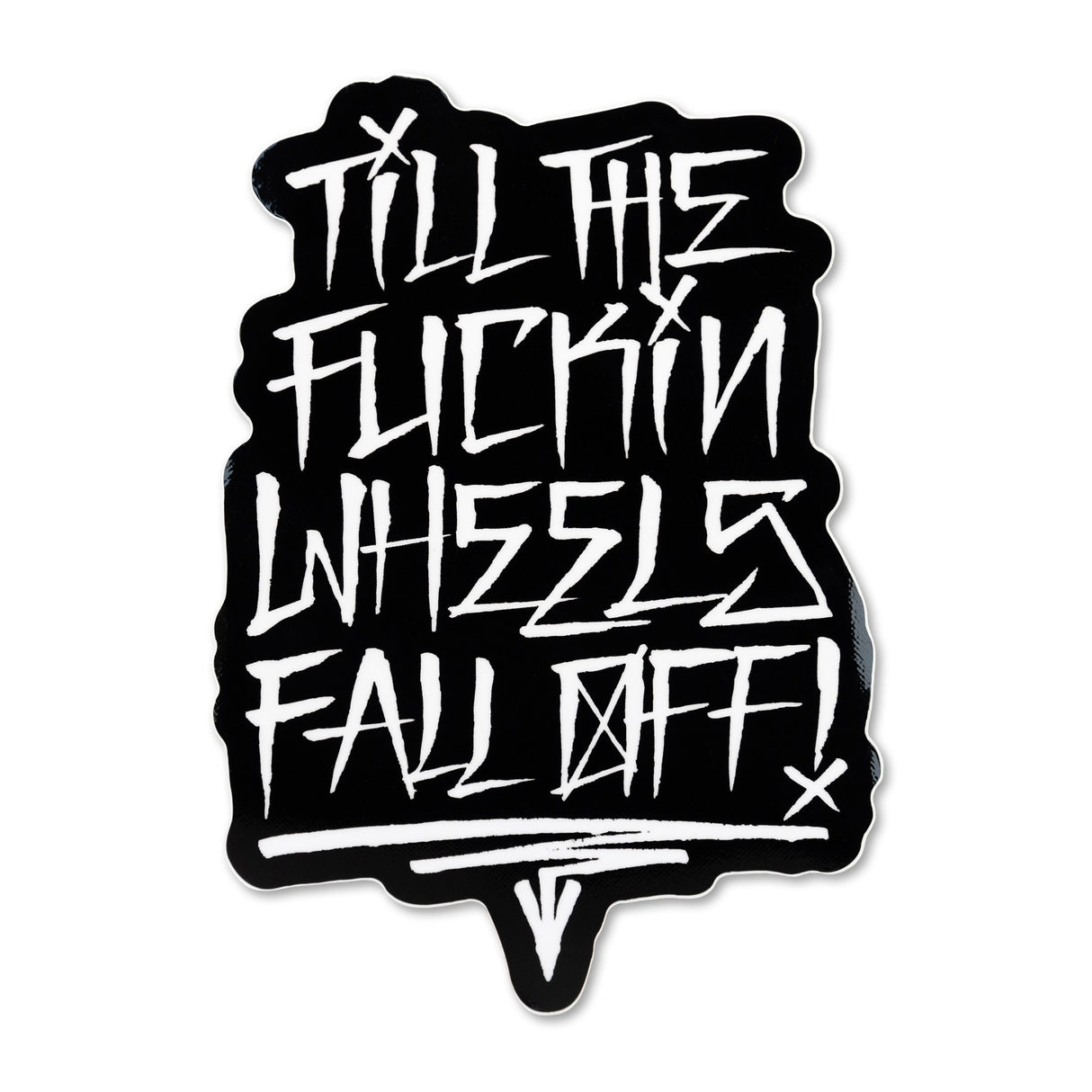 Black die-cut sticker with white graffiti-style lettering.